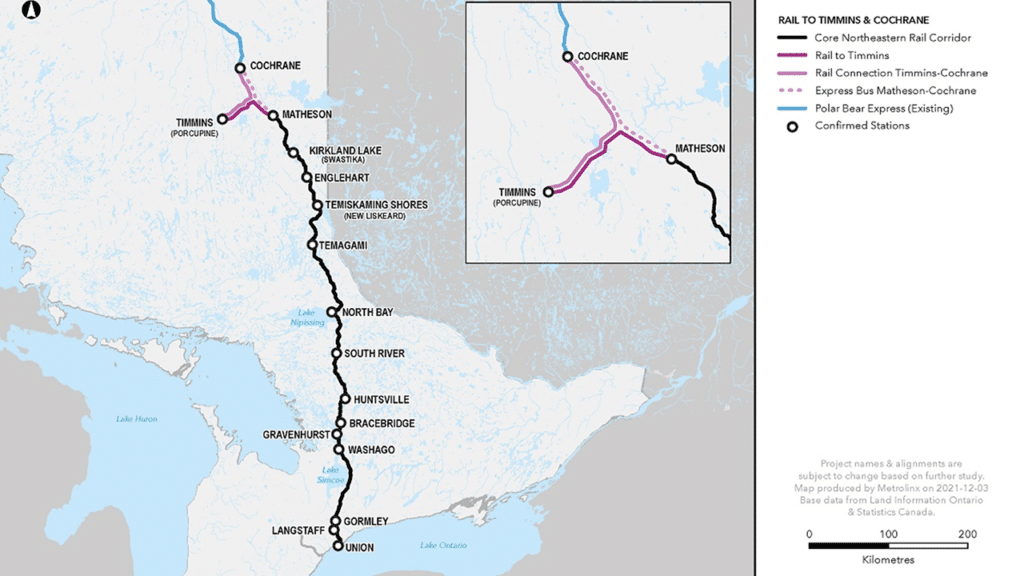A map of the proposed route for Northlander passenger rail service showing stops at Union Station (Toronto), Langstaff, Gormley, Washago, Gravenhurst, Bracebridge, Huntsville, South River, North Bay, Temagami, Timiskaming Shores, Englehart, Kirkland Lake, Matheson, and Timmins (South Porcupine), with a rail connection to Cochrane. (Courtesy of Ontario Government)