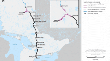 A map of the proposed route for Northlander passenger rail service showing stops at Union Station (Toronto), Langstaff, Gormley, Washago, Gravenhurst, Bracebridge, Huntsville, South River, North Bay, Temagami, Timiskaming Shores, Englehart, Kirkland Lake, Matheson, and Timmins (South Porcupine), with a rail connection to Cochrane. (Courtesy of Ontario Government)