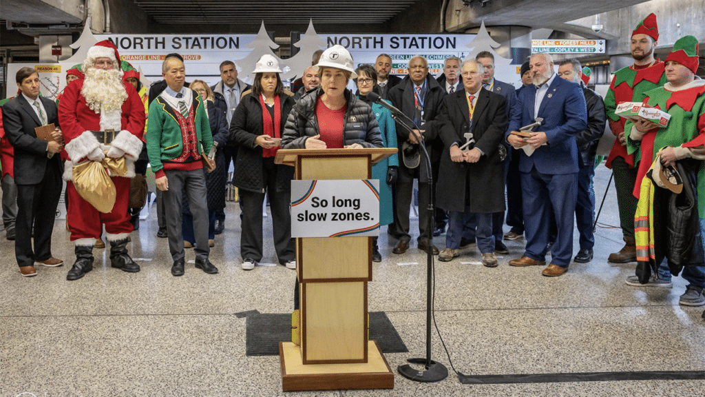 Massachusetts Gov. Maura Healey, Lt. Gov. Kim Driscoll and MBTA General Manager Phillip Eng joined MBTA workers and riders at Boston’s North Station to celebrate the completion of the T’s Track Improvement Program and the removal of slow zones for the first time in 20 years. (Photograph Courtesy of MBTA)