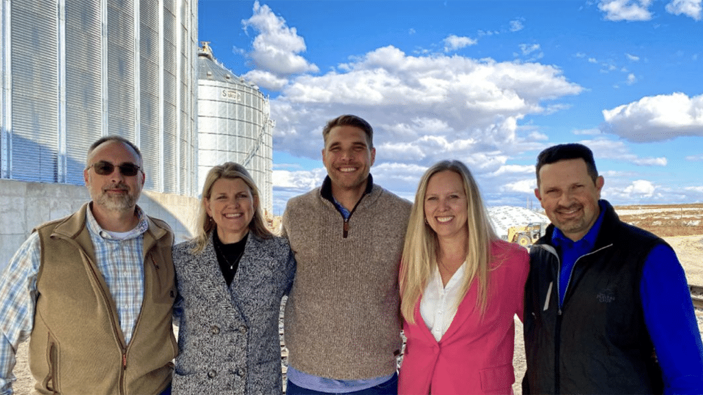 Celebrating Agri Beef’s new facility’s ribbon cutting, from left, Jason Teel, UP Superintendent-Train Operations, Transportation; Laura Heisterkamp, UP Assistant Vice President-Bulk, Marketing and Sales; Tim Brady, Agri Beef Director of Risk Management; Sara Nichols, UP Manager-Sales, Marketing and Sales; and JJ Sullivan, UP Director, Marketing and Sales. (UP Photograph)