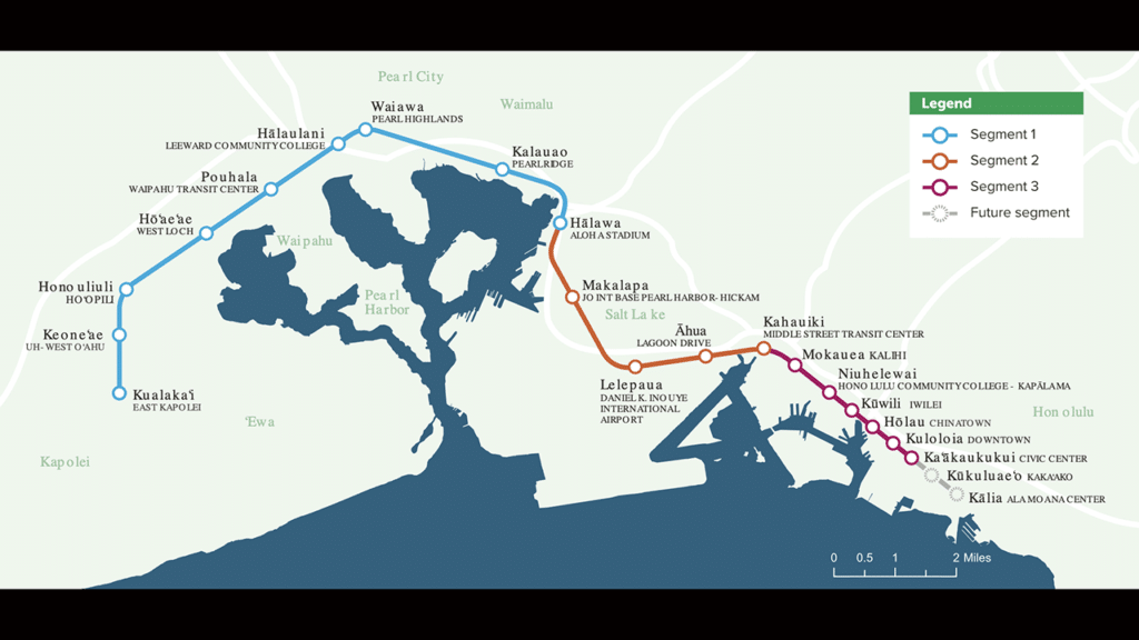 The 11-mile initial operating segment of Honolulu’s planned 20-mile, 21-station autonomous (driverless) Skyline, an urban rail transit GoA4 (Grade of Automation) system, marked one year of revenue service on June 30, 2024. The second segment, with 5.2 miles of guideway and four stations, is expected to open by the end of 2025. (HART Map)