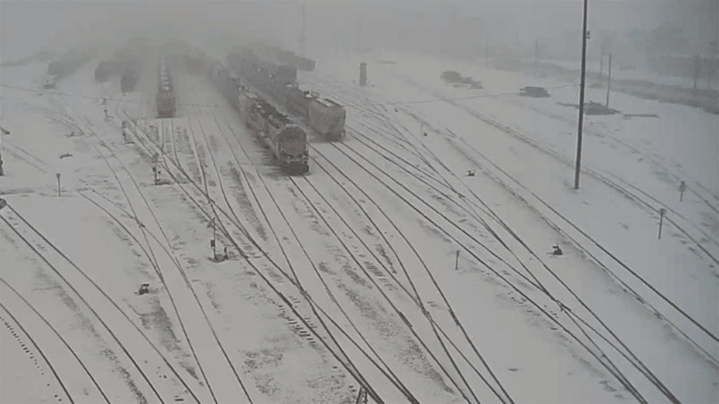 In January, there was low visibility and snowy conditions on BNSF’s Emporia Subdivision, which runs from Kansas City to Wellington in eastern Kansas. (BNSF Photograph)
