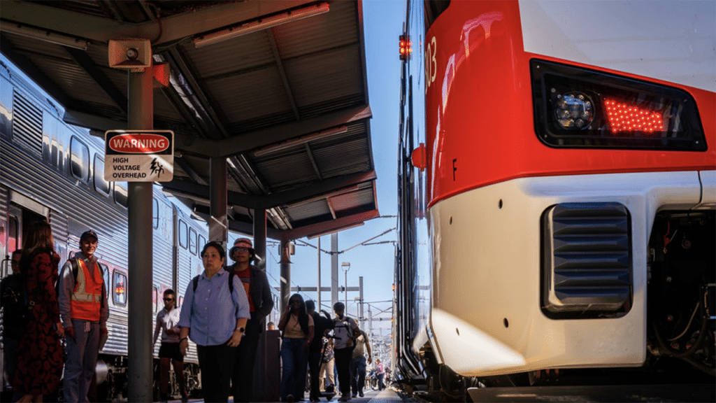 “Caltrain is running its service on 100% renewable energy and is returning nearly a quarter of that energy to the grid,” said Michelle Bouchard, Caltrain Executive Director, on Jan. 23. “The new electric fleet is delivering on its promise of state-of-the-art service, living up to our mission of providing sustainable transportation that enhances quality of life for everyone.” (Caltrain Photograph)