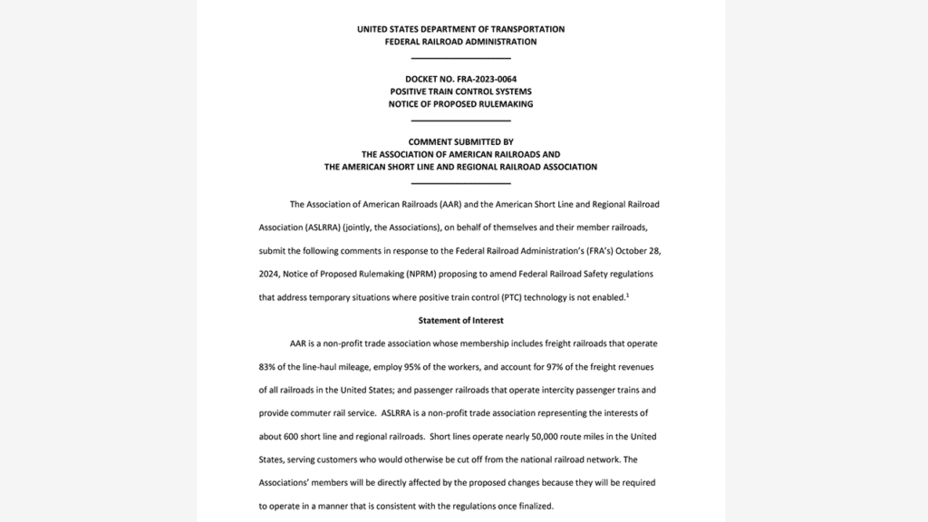 (Image of AAR, ASLRRA Comments to FRA Courtesy of ASLRRA)