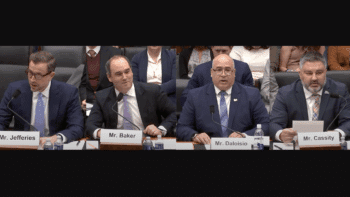 The Railroads, Pipelines, and Hazardous Materials Subcommittee’s Jan. 23 hearing included testimony from (left to right) Ian Jefferies, President and CEO, of the Association of American Railroads; Chuck Baker, President of the American Short Line and Regional Railroad Association; Joe Daloisio, Chairman of the National Railroad Construction & Maintenance Association (NRC); and Jared Cassity, Alternate National Safety and Legislative Director of SMART-TD. (Screen Grabs from Hearing Video)