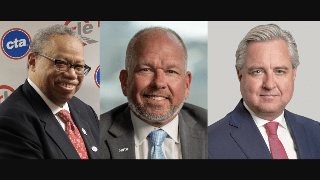 Dorval R. Carter Jr., outgoing President of Chicago Transit Authority (left); Mike Smith, HNTB Corporation; and Marc Brazeau, outgoing President and CEO of Railway Association of Canada (right). (Photographs Courtesy of the Respective Organizations)