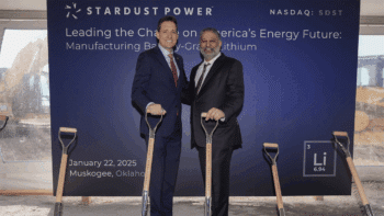 Oklahoma Lt. Gov. Matt Pinnell (left) participated with Stardust Power Founder and CEO Roshan Pujari in a groundbreaking ceremony for a new refinery in Muskogee, Okla. (Stardust Power Photograph)
