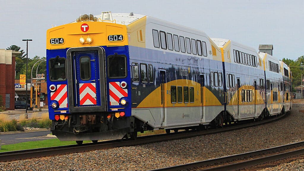 Northstar Line cab car 604 leading a train south through Elk River, Minn. Wikimedia Commons/Mulad