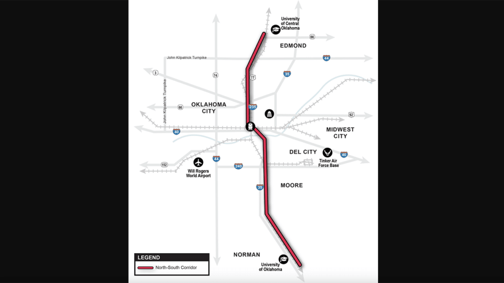 RTA of Central Oklahoma landed a $400,000 to evaluate 52 at-grade crossings along a proposed commuter rail corridor from Edmund to Norman. (Map Courtesy of RTA of Central Oklahoma)