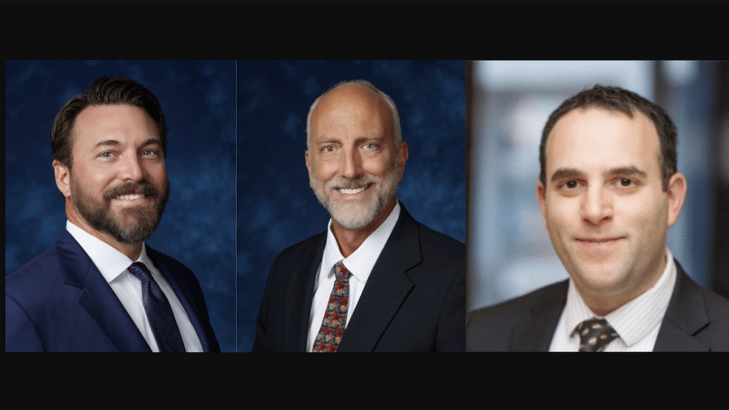 Pictured: Pinsly Railroad Company’s Jared Sleeth (left) and Steve Laird (center); and Network Rail Consulting’s Steve Levene. (Photographs courtesy of the respective organizations)