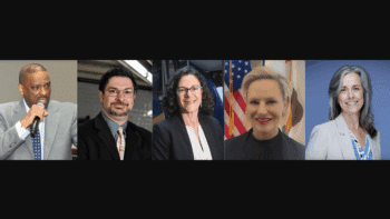 Pictured, left to right: NYCT’s Bernard Jackson, William “Bill” Amarosa Jr., and Rachel Cohen; NCTD’s Lori A. Winfree; and HNTB’s Sandra M. Bucklew. (Photographs courtesy of the respective organizations, except for the photograph of Bernard Jackson, which is courtesy of DART.)