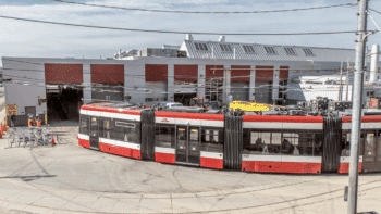 Pictured: TTC’s Harvey Shop Building, part of the Hillcrest Complex in Toronto. The complex will be expanded to house about 25 more Alstom LRVs, part of a new 60-car order. (TTC Photograph)
