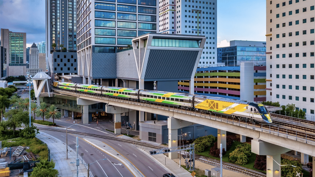 Brightline riders this spring and summer can receive a 20% discount on passenger rail tickets and a $100 food and beverage credit at Loews Miami Beach and Loews Coral Gables when booking a two-night stay. (Brightline Photograph)