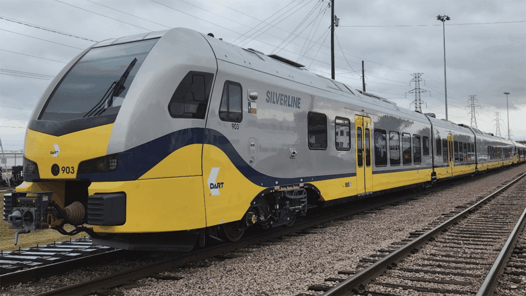Eight new Stadler-built DMUs (diesel multiple units) are expected to run along the 26-mile, 10-station DART Silver Line before year’s end. (DART Photograph)
