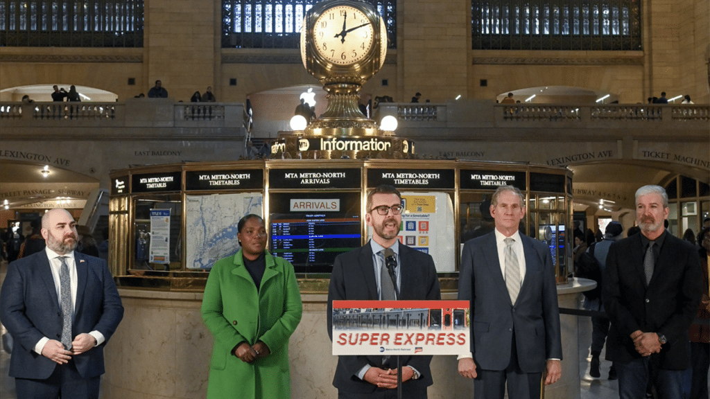 MTA Chair and CEO Janno Lieber (second from right) and Metro-North Railroad President Justin Vonashek (center) were joined by CTDOT Commissioner Garrett Eucalitto (far left) at Grand Central Terminal to announce new schedules due to signal and infrastructure improvements on the New Haven Branch. (Marc A. Hermann / MTA)