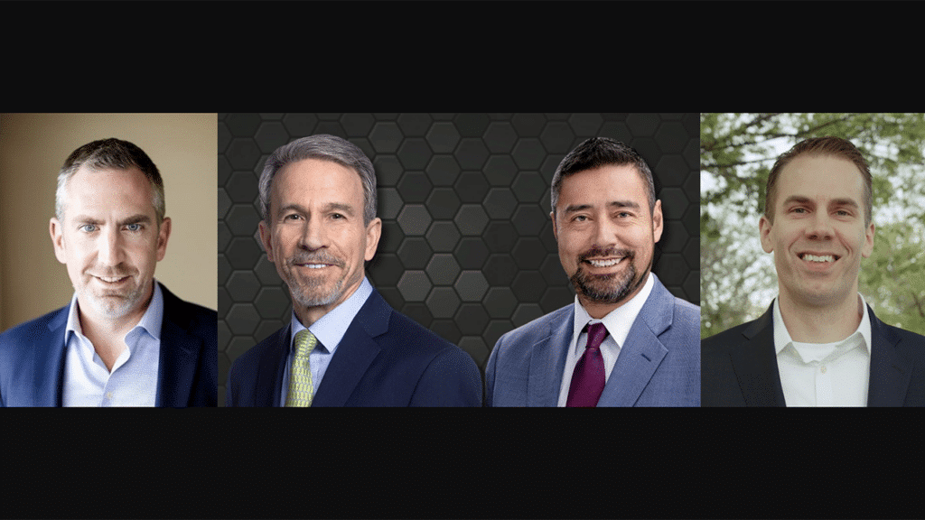 Pictured, Left to Right: Gary Lada, Harsco Rail, a division of Enviri Corporation; Jim Umpleby, Caterpillar; Joe Creed, Caterpillar; and Jon Mudronja, AITX. (Photographs courtesy of the respective organizations)