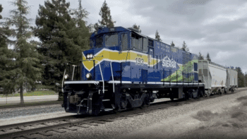 SERA on March 27 “successfully” completed testing of its first four-axle HFC-powered, zero-emission switching locomotive in West Sacramento, Calif. (Screen Grab from a SERA video, courtesy of PR Newswire)