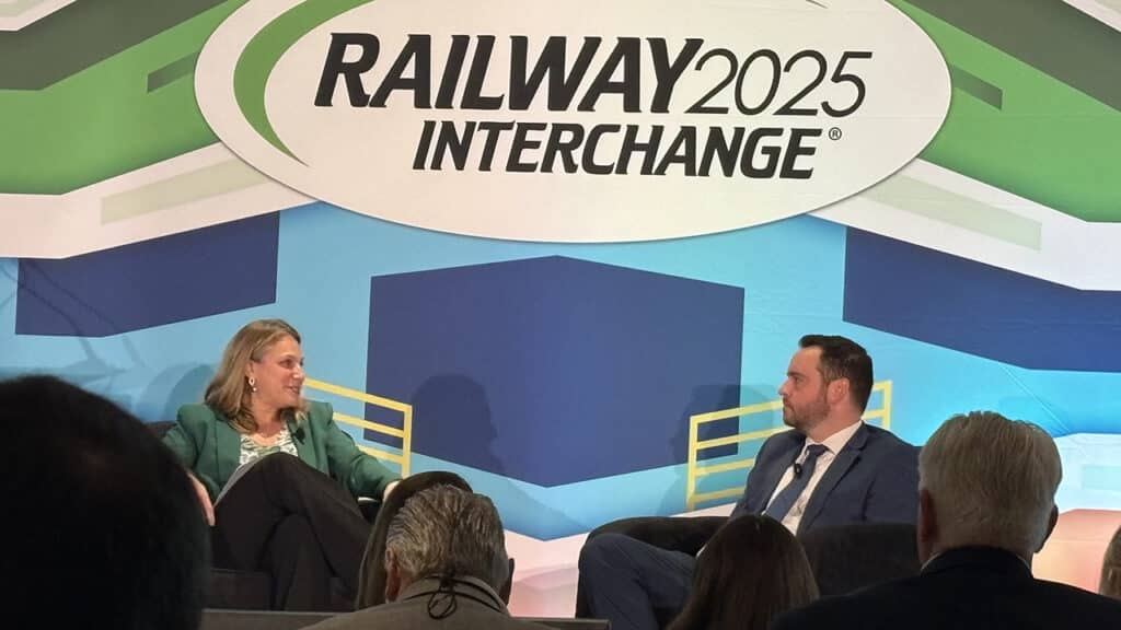 FRA Acting Administrator Drew Feeley (right) sat down for a “fireside chat” with Emily Kimball, Partner-Global Regulatory for Hogan Lovells, at Railway Interchange 2025. (Marybeth Luczak Photograph)