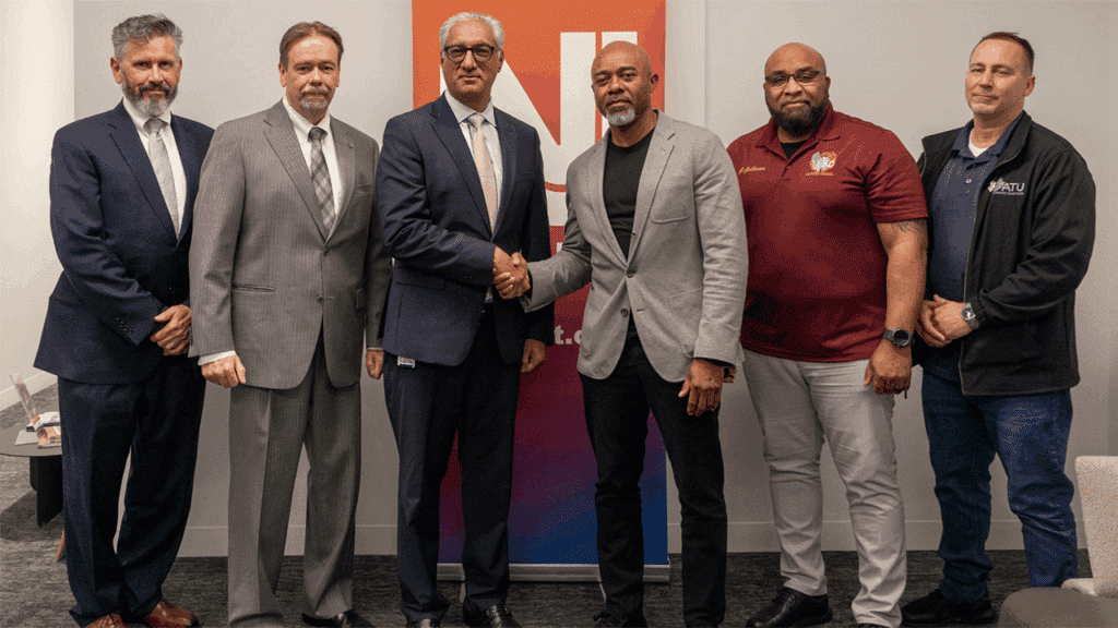 “NJ TRANSIT President & CEO Kris Kolluri, ATU International Vice President Ray Greaves, ATU Chair, New Jersey State Council Orlando Riley and Senior Vice President of Surface Transit Mike Kilcoyne are pleased to announce a fair and fiscally responsible tentative agreement,” New Jersey Transit reported via LinkedIn on May 7. (NJ Transit Photograph)