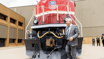 Union Pacific CEO Jim Vena christened No. 1616 at the unveiling ceremony at Jenks Locomotive Shop in North Little Rock, Ark., which was attended by Arkansas Lt. Gov. Leslie Rutledge, North Little Rock Mayor Terry Hartwick, and Lincoln Presidential Foundation Chairman Emeritus Sergio “Satch” Pecori, as well as UP executives and railroaders. (UP Photograph)