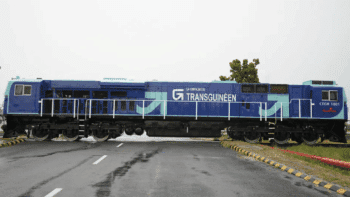 The new ES43ACi features blue and turquoise-colored livery of La Compagnie de TransGuinéen, the joint venture company that will operate the Simandou Railway. (Wabtec Photograph)