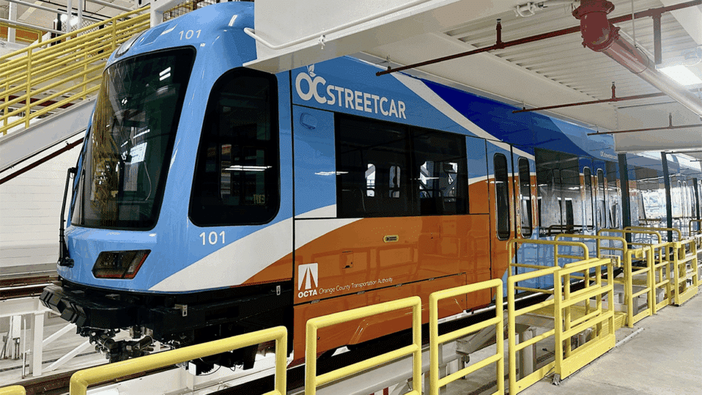 The OCTA Board on June 9 approved a balanced budget of $1.74 billion for the upcoming fiscal year. Last month, it unveiled the first Siemens Mobility S700 (pictured) for the 4.15-mile OC Streetcar system, which is slated to launch next spring. (OCTA Photograph)