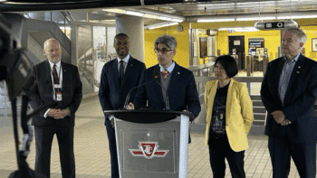 Former New York MTA Executive Vice President and Chief Operating Officer for subways Mandeep Lali (center) at a June 5 news conference on his appointment as TTC CEO. (Photograph courtesy of Toronto Mayor Olivia Chow, via social media)