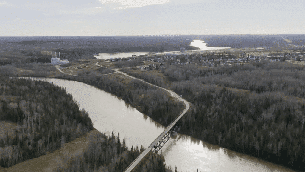 Abitibi Trestle Bridge in the foreground of Abitibi Connex in Iroquois Falls, Ontario, Canada (formerly Abitibi Paper Mill). (CNW Group/BMI Group)