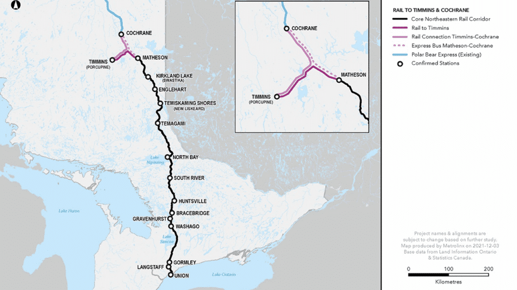 A map of the proposed route for Northlander passenger rail service showing stops at Union Station (Toronto), Langstaff, Gormley, Washago, Gravenhurst, Bracebridge, Huntsville, South River, North Bay, Temagami, Timiskaming Shores, Englehart, Kirkland Lake, Matheson, and Timmins (South Porcupine), with a rail connection to Cochrane. (Courtesy of Ontario Government)
