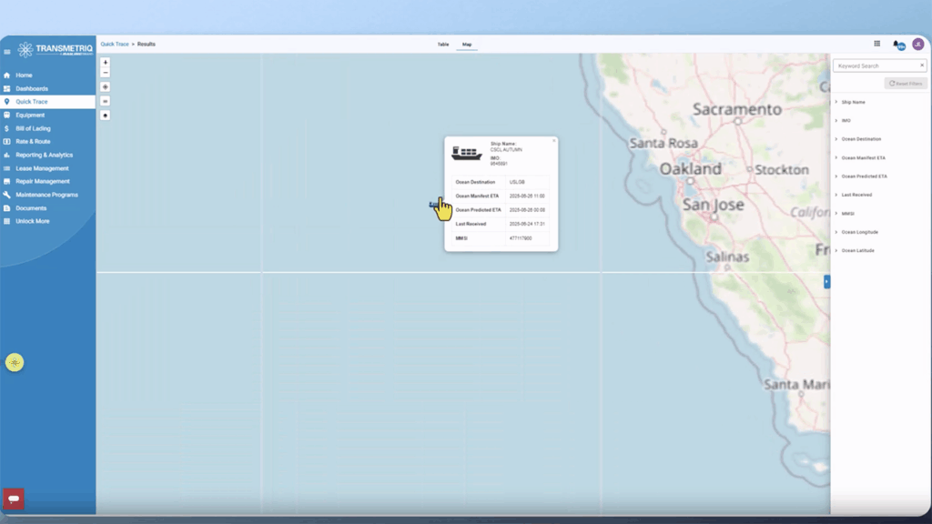 “Shippers are tired of chasing data across systems, comparing inconsistent statuses, and relying on outdated estimates,” TransmetriQ Senior Product Manager Danny Dever said July 22. “With our seamless ocean and rail visibility solution you can track by vessel or container, spot delays in real time, and trust your ETA—with accuracy improvements of up to 75% compared to typical industry estimates.” (Image Courtesy of TransmetriQ)