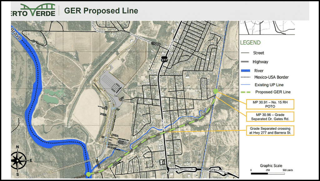 A map of Green Eagle Railroad LLC’s proposed 1.335-mile common carrier rail line in Maverick County, Tex., extending from the southern border of the United States and connecting to Union Pacific (UP) at approximately milepost 31 on the Eagle Pass Subdivision. The line is part of parent company PVH’s proposed trade corridor for freight and commercial motor vehicles extending into Mexico. (GER Map)