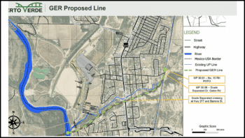 A map of Green Eagle Railroad LLC’s proposed 1.335-mile common carrier rail line in Maverick County, Tex., extending from the southern border of the United States and connecting to Union Pacific (UP) at approximately milepost 31 on the Eagle Pass Subdivision. The line is part of parent company PVH’s proposed trade corridor for freight and commercial motor vehicles extending into Mexico. (GER Map)