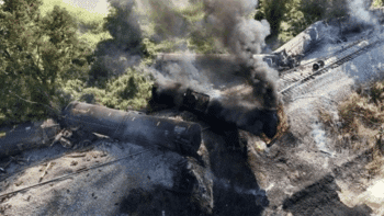 Aerial view of derailment site. (CN Photograph Courtesy of NTSB)