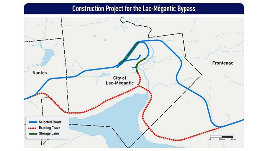 The graphic shows the map of the route for the future bypass at Lac-Mégantic, which will go through the municipalities of Nantes, Lac-Mégantic, and Frontenac. The blue line shows the chosen route; the red line shows the route of the existing track which will be dismantled following the commissioning of the bypass; and the green line shows the sector of the Lac-Mégantic industrial park where car triage and storage activities will take place. (Map and caption courtesy of the government of Canada)
