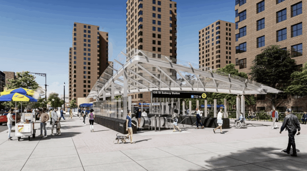 A new station at 106th Street (rendering above, courtesy of the New York MTA) is part of the Phase 2 extension of the Second Avenue Subway in New York City.