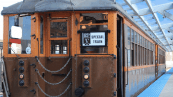 CTA’s two 4000-series Heritage cars ran on Oct. 1 in celebration of its anniversary. Built by the Cincinnati Car Company in 1923, they feature the orange-and-brown paint scheme they wore in the 1940s and are adorned with reproduction advertisements from the era. The cars were in operation until 1973. (CTA Photograph)