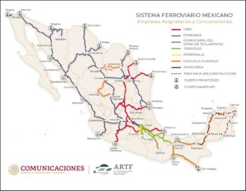 2020 Regulatory Agency for Railway Transport (ARTF to be renamed ATTRAPI, Integrated Trains and Public Transport Agency) map. (KCSM changed to CPKC). Tren Maya is now complete and operational.