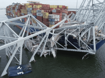 The containership Dali with portions of the collapsed Francis Scott Key Bridge across its forward deck on March 28, 2024. (Courtesy of NTSB)