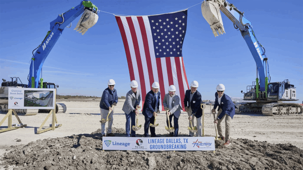 At Lineage’s Prime Pointe groundbreaking, from left, Guy Brown, Economic Development Director, City of Hutchins, Texas; R.J. Burton, Vice President, Victory Unlimited Construction; Hutchins Mayor Mario Vasquez; Chris Britton, Vice President, Regional Sales, Lineage; Steve Chiambretti, Senior Project Manager, Ops. Strategy, Lineage; and Trent Vencil, Union Pacific Manager-Sales. (Courtesy of UP)
