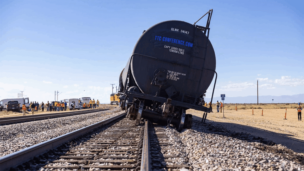 Derailment demonstration during the 2025 TTC Conference & Tour. (Courtesy of TTC Operated by ENSCO)