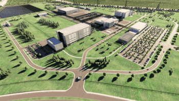 Artist rendering of Eli Lilly’s synthetic medicine active pharmaceutical ingredient facility, to be built on a NS-served site in Alabama. (Courtesy of NS)