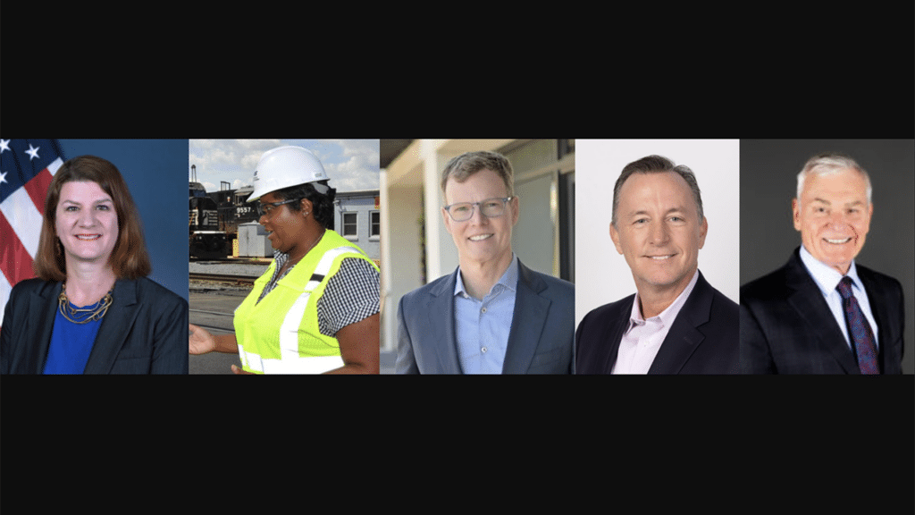 Pictured from left to right: Mariia Zimmerman, Virginia DRPT; Dianne Barnett, NS; Mike Brennan, Trinity Metro; Brady Jacoba, Ports of Indiana; and Peter Zuk, HNTB. (Photographs courtesy of the respective organizations)