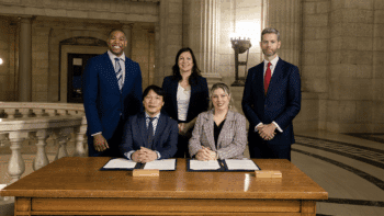 Pictured Standing (Left to Right): Jamie Moses, Minister of Business, Mining, Trade and Job Creation for the Province of Manitoba; Rebecca Chartrand, Minister of Northern and Arctic Affairs and Minister responsible for the Canadian Northern Economic Development Agency; and Nick Hays, President and CEO of the Winnipeg Airports Authority. Pictured Sitting (Left to Right): Chris Avery, President and CEO of the Arctic Gateway Group; and Carly Edmundson, President and CEO of CentrePort Canada. (Courtesy AGG)