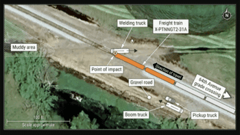 Figure 1: Aerial view of the accident site. (BNSF Image, Courtesy of NTSB)