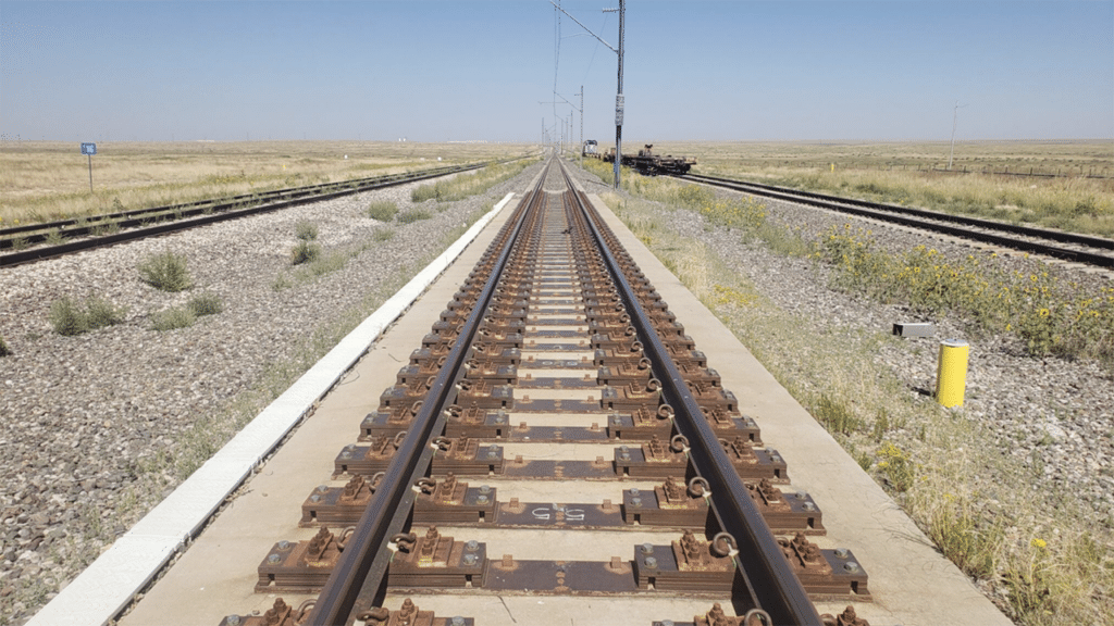 FRA’s Adjustable Test Track, the only track in the U.S. capable of introducing isolated and combination track geometry deviations for vehicle and inspection system testing. (Photograph Courtesy of TTC Operated by ENSCO)